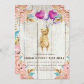 Teddybeer ballon rustieke eerste verjaardag kaart (Voorkant / Achterkant)