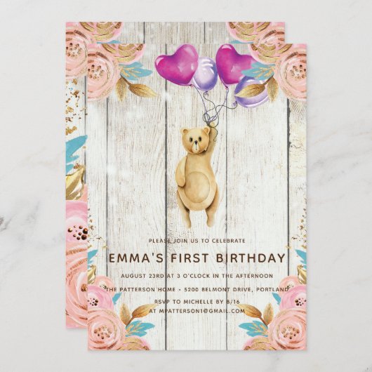 Teddybeer ballon rustieke eerste verjaardag kaart (Voorkant / Achterkant)