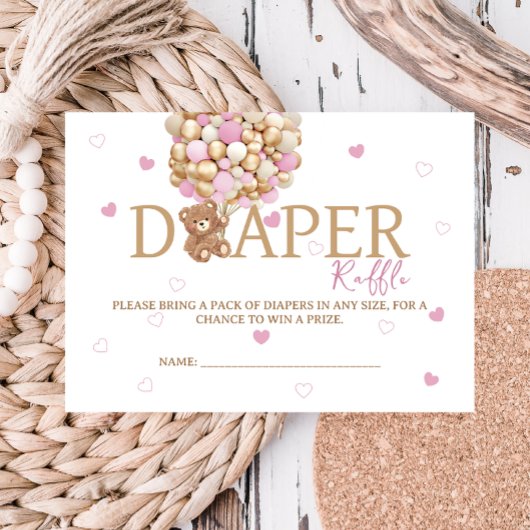 Teddybeer ballon thema luier Raffle roze Informatiekaartje