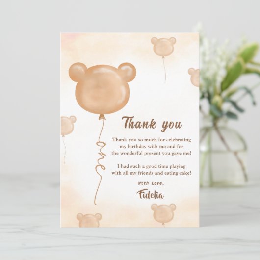 Teddybeer Ballon Verjaardag Bedankt Kaart (Staand voorkant)