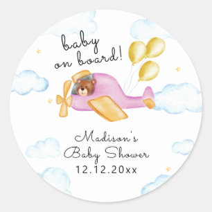 Teddybeer Ballon Vliegtuig Baby Shower  Ronde Sticker