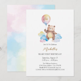 Teddybeer Ballon Wolken Beary Eerste Verjaardag Kaart
