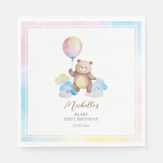 Teddybeer Ballon Wolken Beary Eerste Verjaardag Servet (Voorkant)