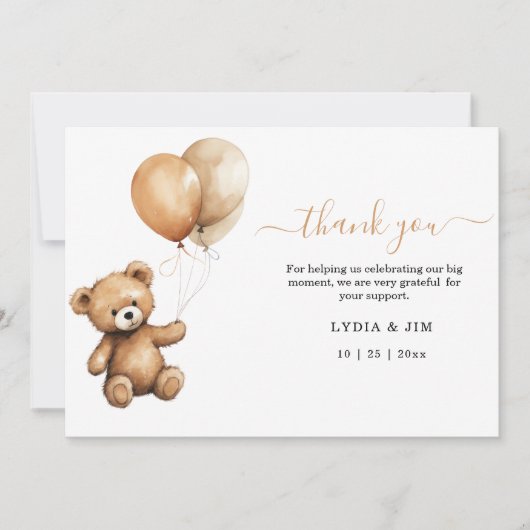 Teddybeer Ballonnen baby shower Genderneutraal Bedankkaart (Voorkant)