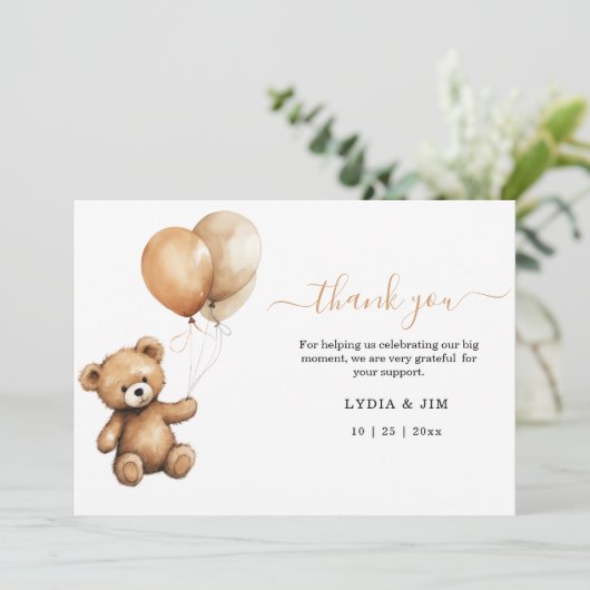 Teddybeer Ballonnen baby shower Genderneutraal Bedankkaart (Staand voorkant)