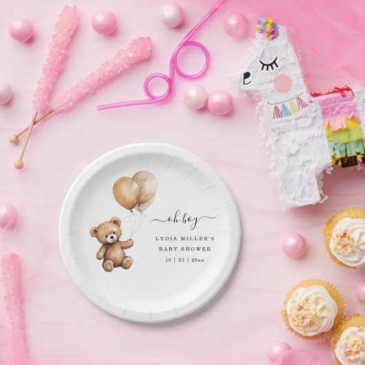 Teddybeer Ballonnen baby shower Genderneutraal Papieren Bordje (Feest)