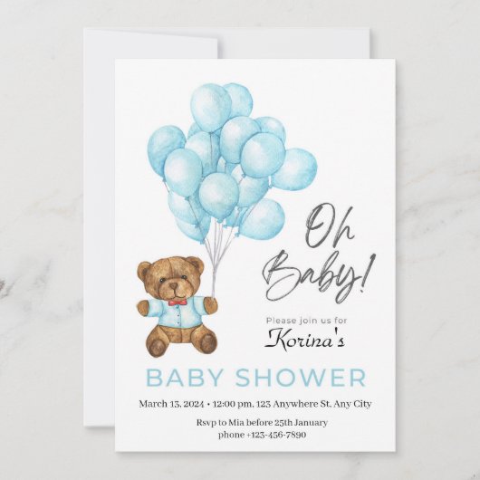 Teddybeer Ballonnen Baby Shower Uitnodiging (Voorkant)