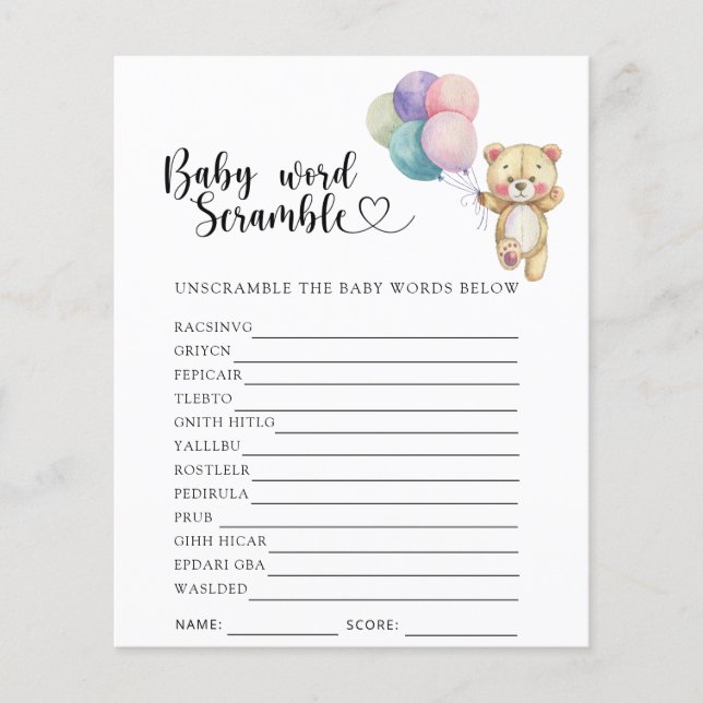 Teddybeer ballonnen - Baby Word Scramble Game (Voorkant)