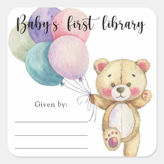 Teddybeer ballonnen - baby's eerste bibliotheek vierkante sticker (Voorkant)