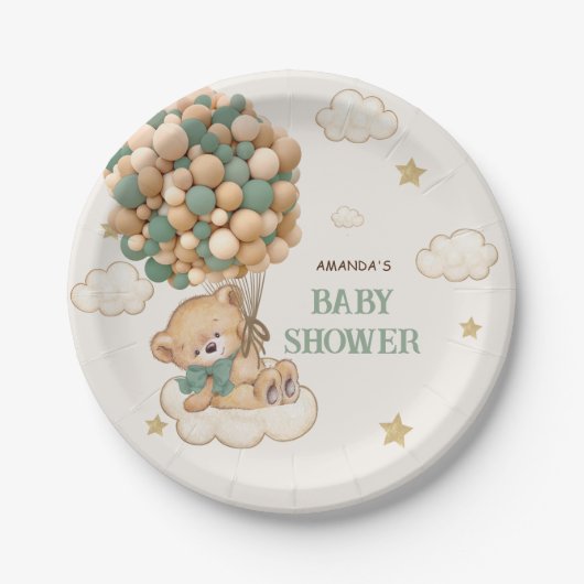 Teddybeer ballonnen beige groen Baby shower Papieren Bordje (Voorkant)