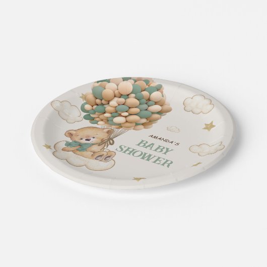 Teddybeer ballonnen beige groen Baby shower Papieren Bordje (Gekanteld)