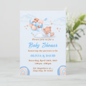 Teddybeer ,Ballonnen blauw en bruin Baby shower Kaart (Staand voorkant)