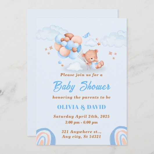 Teddybeer ,Ballonnen blauw en bruin Baby shower Kaart (Voorkant / Achterkant)
