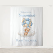 Teddybeer Ballonnen Blauwe Baby Shower achtergrond Wandkleed (Voorkant)