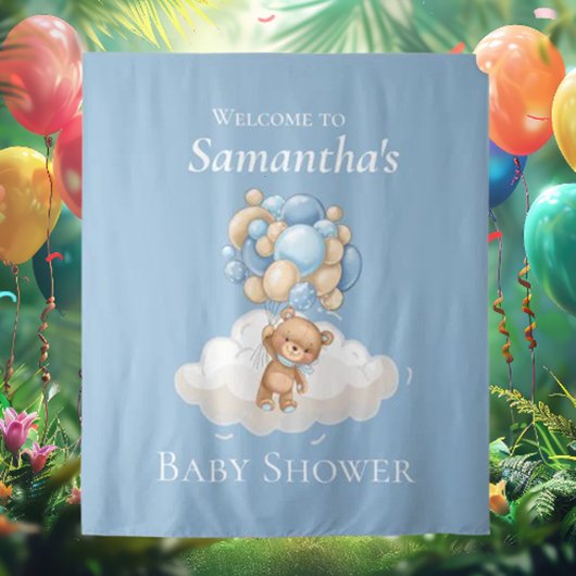 Teddybeer Ballonnen Blauwe Baby Shower achtergrond Wandkleed