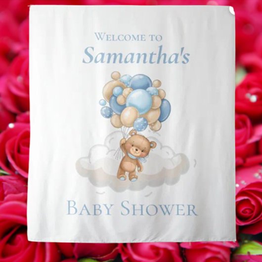 Teddybeer Ballonnen Blauwe Baby Shower achtergrond Wandkleed