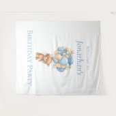 Teddybeer Ballonnen Blauwe Jongen Verjaardagsachte Wandkleed (Voorkant (horizontaal))