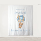 Teddybeer Ballonnen Blauwe Jongen Verjaardagsachte Wandkleed (Voorkant)