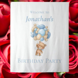 Teddybeer Ballonnen Blauwe Jongen Verjaardagsachte Wandkleed