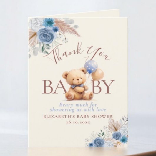 Teddybeer Ballonnen Boho Blauw Roos Bloemen Bedankkaart