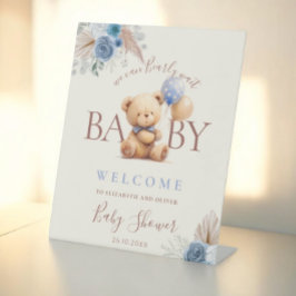 Teddybeer Ballonnen Boho Blauwe Bloemen Reclamebord Met Voetstuk