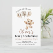 Teddybeer ballonnen dragen eerste verjaardag kaart (Staand voorkant)