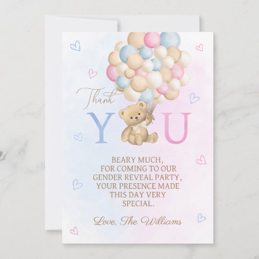 Teddybeer ballonnen Geslacht onthullen Bedankkaart (Voorkant)