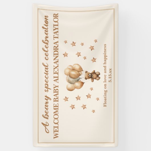 Teddybeer ballonnen omhoog en weg Baby shower Spandoek (Verticaal)