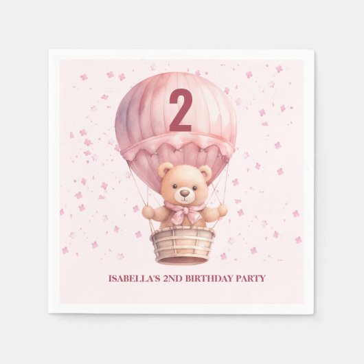 Teddybeer ballonnen pastel roze baby's verjaardag servet (Voorkant)