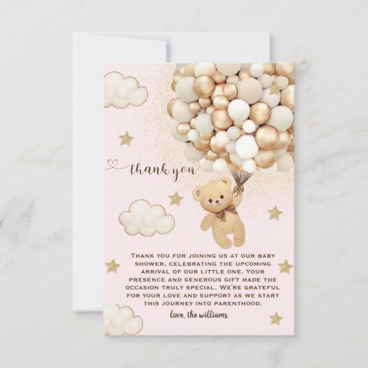 Teddybeer ballonnen roze goud Tan Bedankkaart (Voorkant)