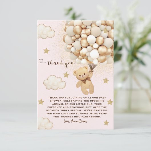 Teddybeer ballonnen roze goud Tan Bedankkaart (Staand voorkant)