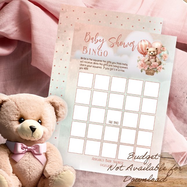 Teddybeer ballonnen roze meisje Baby shower bingo (Teddy Bear in a Hot Air Balloon -- Pink Flowers Girl Baby Shower Bingo Game Board -Budget Print Only)