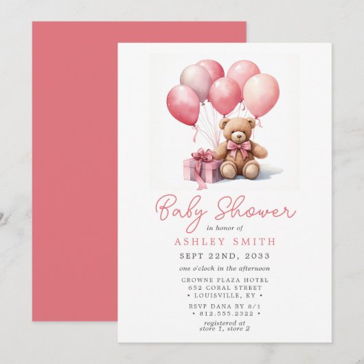 Teddybeer ballonnen roze meisje Baby shower Kaart (Voorkant / Achterkant)