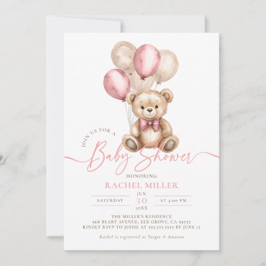 Teddybeer ballonnen roze meisje Baby shower Kaart (Voorkant)