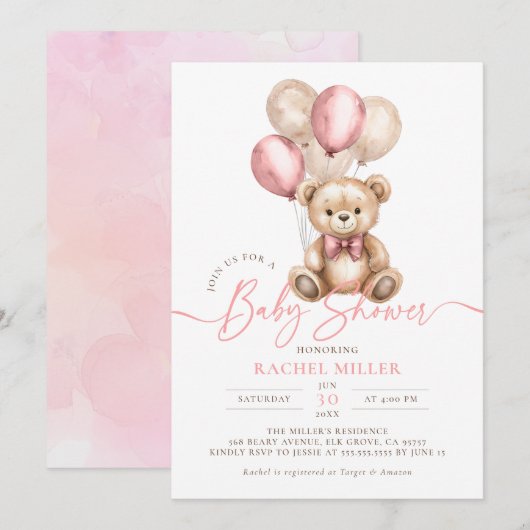 Teddybeer ballonnen roze meisje Baby shower Kaart (Voorkant / Achterkant)