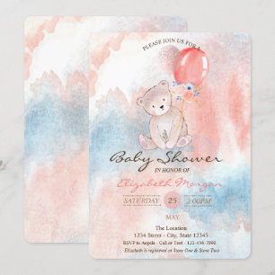 Teddybeer Ballonnen Watercolor Baby Shower Kaart