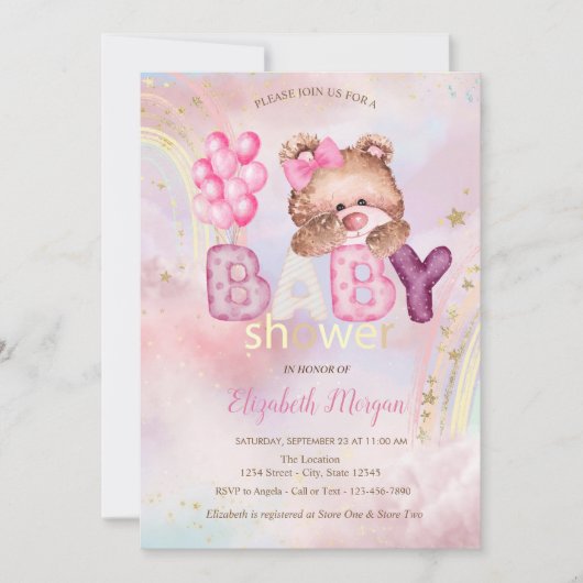 Teddybeer Ballonnen Wolk Regenboog Baby Shower Kaart (Voorkant)