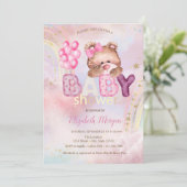 Teddybeer Ballonnen Wolk Regenboog Baby Shower Kaart (Staand voorkant)