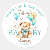 Teddybeer bearly wacht aqua blauw baby shower guns ronde sticker (Voorkant)