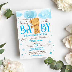 Teddybeer bearly wacht blauw en bruin baby shower kaart