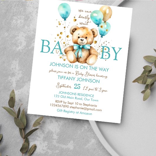 Teddybeer bearly wachten baby shower budget uitnod