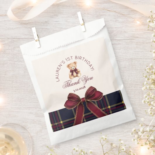 Teddybeer Beary 1e Verjaardag Bow Plaid Dank u Bedankzakje (Geknipt)