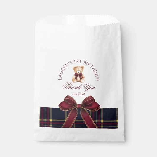 Teddybeer Beary 1e Verjaardag Bow Plaid Dank u Bedankzakje (Voorkant)
