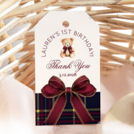 Teddybeer Beary 1e verjaardag strik plaid bedankt Cadeaulabel