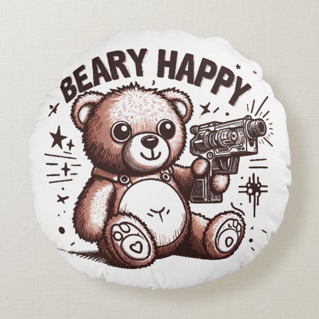 Teddybeer Beary Happy Rond Kussen (Voorkant)
