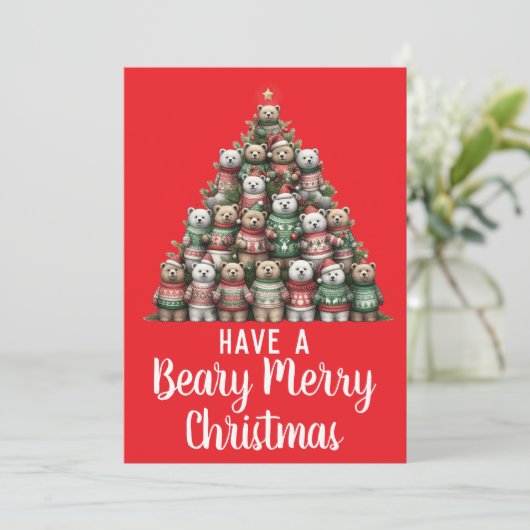 Teddybeer Beary Vrolijke kerstboom Feestdagenkaart (Staand voorkant)