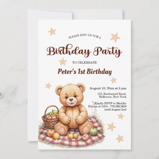 Teddybeer bij picknick 1e verjaardagsfeest kaart (Voorkant)