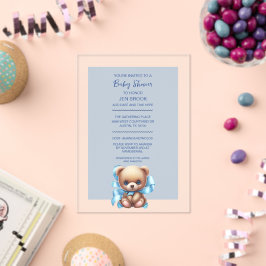 Teddybeer blauw Baby shower acryl uitnodiging