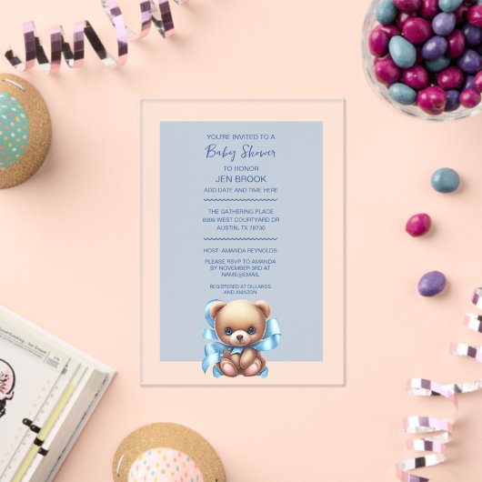 Teddybeer blauw Baby shower acryl uitnodiging (Insitu (Viering))