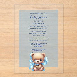 Teddybeer blauw Baby shower acryl uitnodiging